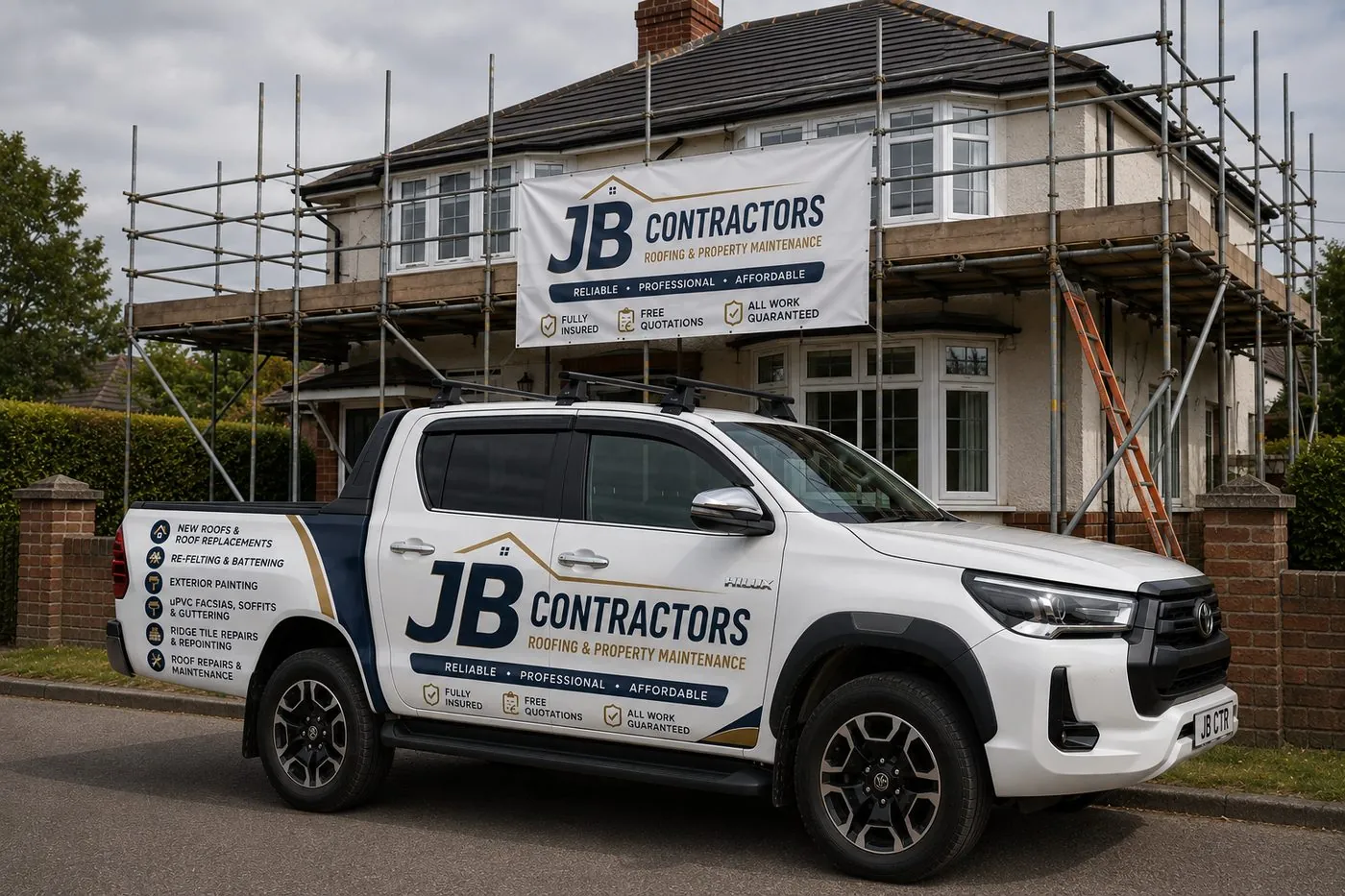 Lostwithiel Roofing pickup truck on site at a scaffolded roofing job in Lostwithiel
