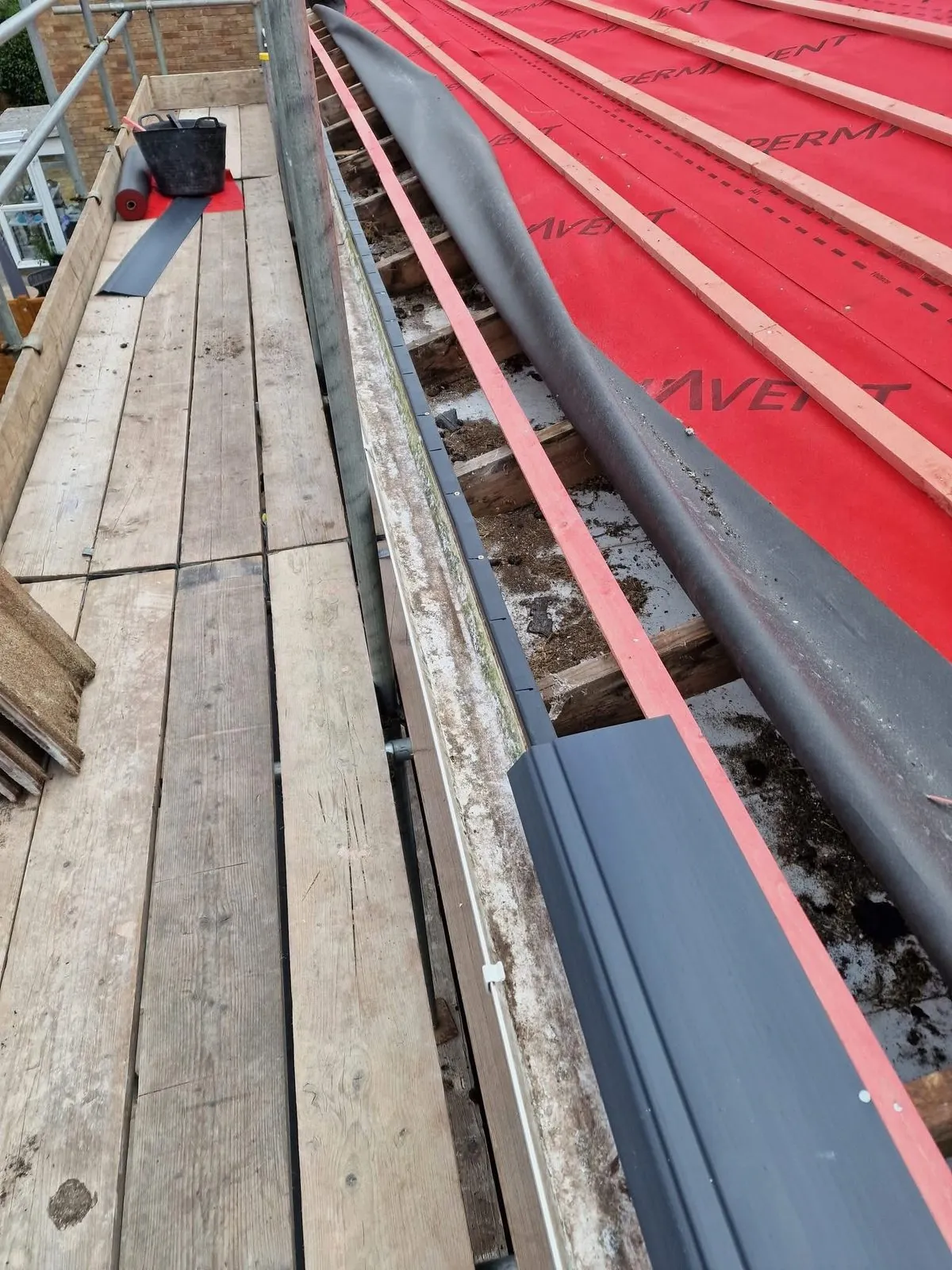 Breathable membrane and battens fitted during a re-roof in Lostwithiel